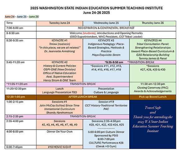 An image of the Summer Teaching Institute schedule with locations, times, and speakers